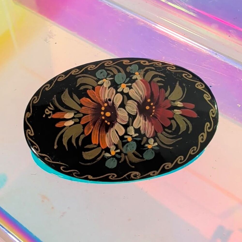 Vintage Russian Hand Painted Floral Brooch Pin Signed GV Cottagecore Folk Art